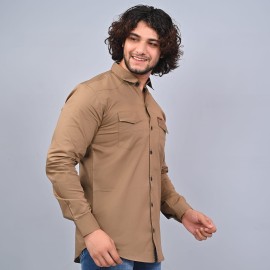 Men's Brown Double Pocket Cotton Shirt